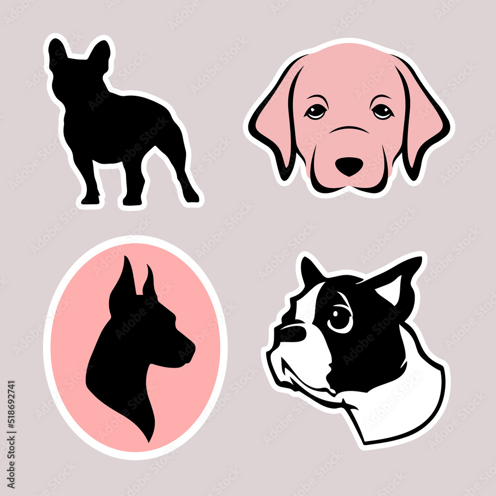 Fototapeta premium Cute various dogs as stickers for web design. Lovely puppies as sticker pack for design websites, logo, icons, signs, applications or social network communication. Different bright stickers with dogs.
