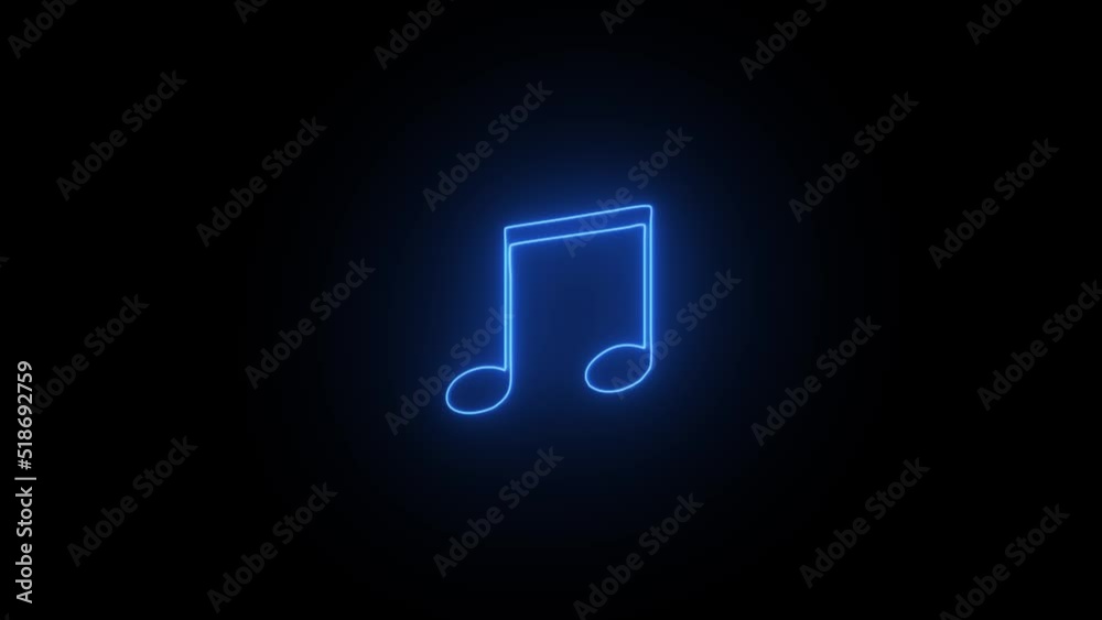 Blue neon single musical note icon abstract animation.