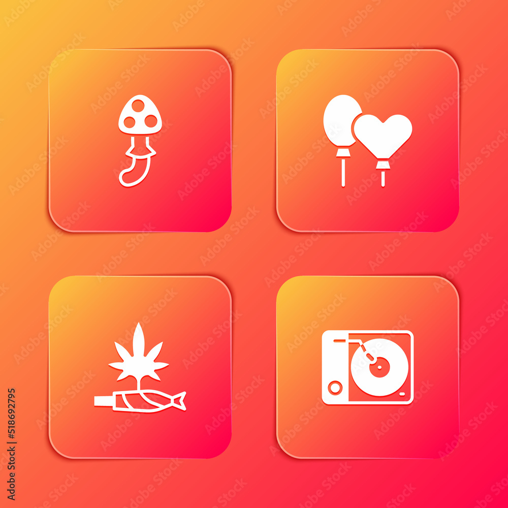 Set Psilocybin mushroom, Balloons, Marijuana joint, spliff and Vinyl player icon. Vector Set Psilocybin mushroom, Balloons, Marijuana joint, spliff and Vinyl player icon. Vector