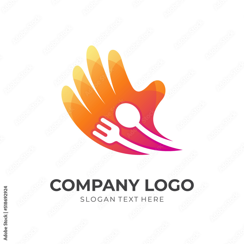 Fototapeta premium hold restaurant logo concept, spoon, fork, and hand combination logo with 3d orange color style