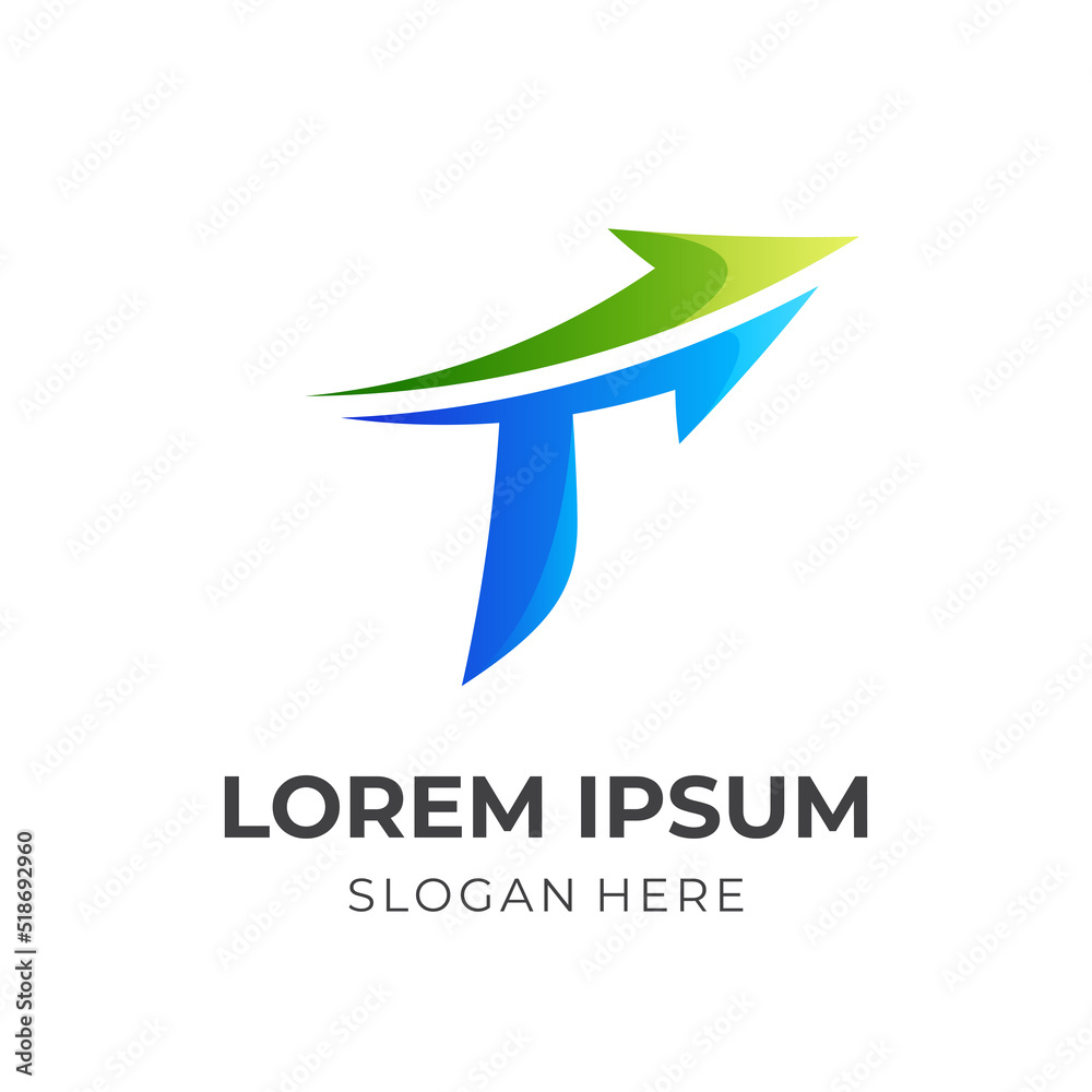 initial T arrow template logo, letter T and arrow combination logo with 3d blue and green color style initial T arrow template logo, letter T and arrow combination logo with 3d blue and green color style