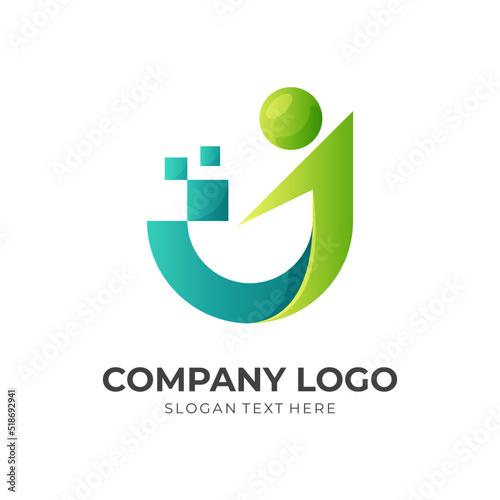 letter J people vector logo, people, pixel and letter J combination logo with 3d green color style