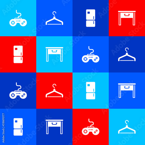 Set Gamepad, Hanger wardrobe, Refrigerator and Furniture nightstand icon. Vector