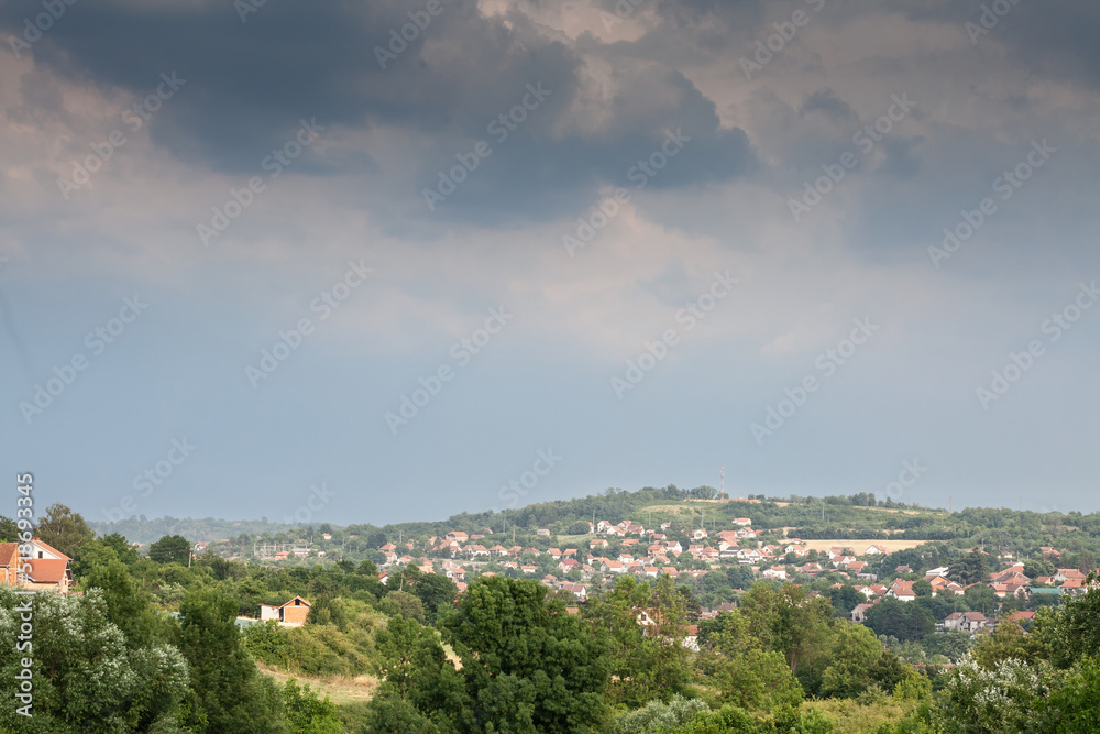 typical European countryside landscape, with farms, agricultural fields, trees, in a valley near Ralja, in Sopot, Central Serbia, in Kosmaj mountain, in a traditional European rural environment..... typical European countryside landscape, with farms, agricultural fields, trees, in a valley near Ralja, in Sopot, Central Serbia, in Kosmaj mountain, in a traditional European rural environment.....