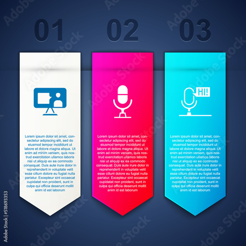 Set Foreign language online study, Microphone voice device and . Business infographic template. Vector