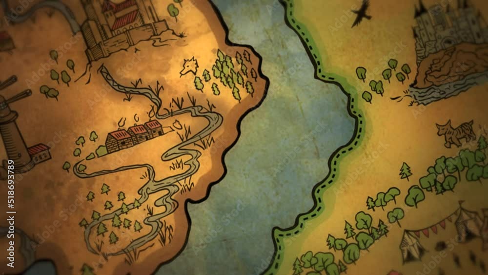 drawing of ancient treasure map with islands for nautical medieval epic fantasy adventure or a pirate fairy tale - animated tour of handmade illustration with lands, ocean, sea monsters and ships
