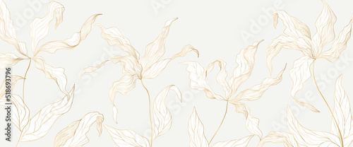 Luxury art background with exotic flowers in gold color line style. Botanical tropical banner with hand drawn floral pattern for wallpaper, textile, print, interior design.