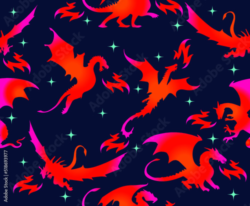 Seamless Vector Pattern Silhouette Fire Dragon Design for textile paper wrap, fashion Style for kids 