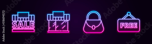 Set line Shopping building and sale, or market store, Handbag and Price tag with text Free. Glowing neon icon. Vector