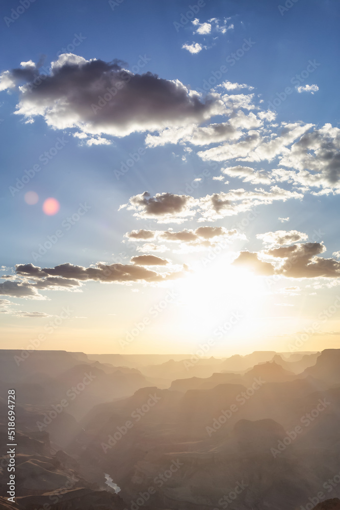 Desert Rocky Mountain American Landscape. Cloudy Sunny Sunset Sky. Grand Canyon National Park, Arizona, United States. Nature Background