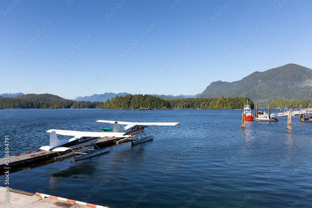 Obraz premium Dock and Seaplanes in the Harbour on a Sunny Afternoon on Vancouver Island. Summer Season. Tofino, British Columbia, Canada. Adventure Travel.