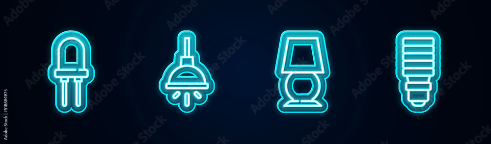 Set line Light emitting diode, Chandelier, Table lamp and LED light bulb. Glowing neon icon. Vector Set line Light emitting diode, Chandelier, Table lamp and LED light bulb. Glowing neon icon. Vector