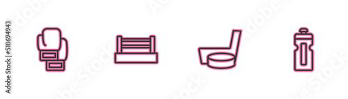 Set line Boxing glove, Ice hockey stick and puck, ring and Fitness shaker icon. Vector