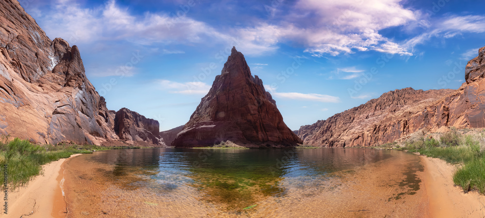 Colorado River in Glen Canyon, Arizona, United States of America. American Mountain Nature Landscape Background. Artistic Sky Render. Panorama