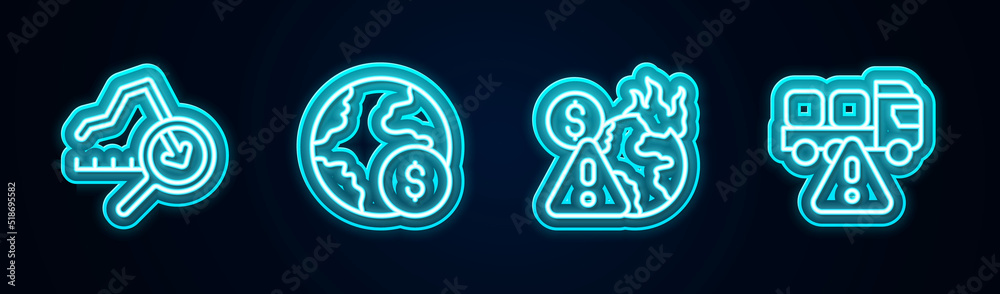 Set line Global economic crisis, , and Stop delivery cargo truck. Glowing neon icon. Vector Set line Global economic crisis, , and Stop delivery cargo truck. Glowing neon icon. Vector