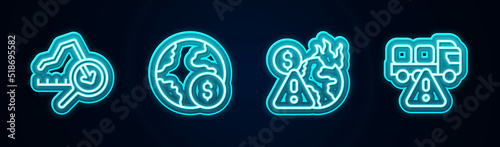 Set line Global economic crisis, , and Stop delivery cargo truck. Glowing neon icon. Vector