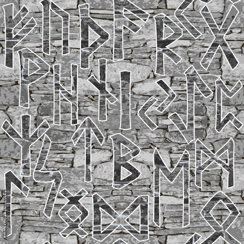 Runes. Magical runic letters seamless pattern. Magic signs and symbols on stone textured  background. Mystical esoteric vector backdrop. Runes alphabet ornaments on rock. Endless rough dirty texture