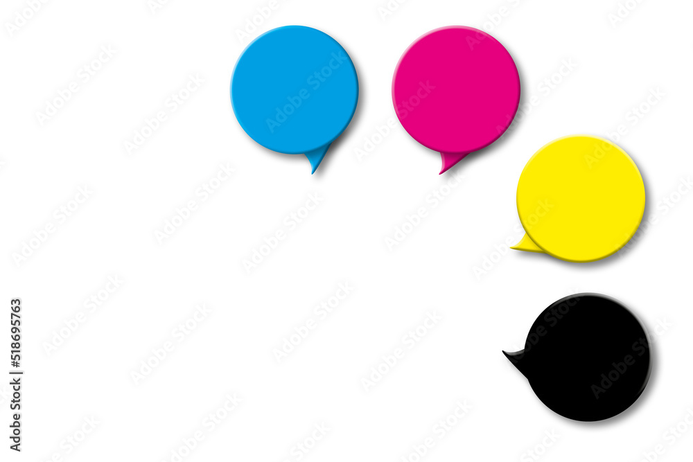 Speech bubble of CMYK colours on white background. Concept for presenting colour printing, template for your business, advertising. shadow overlay. copy space. illustration of 3d paper cut style. Speech bubble of CMYK colours on white background. Concept for presenting colour printing, template for your business, advertising. shadow overlay. copy space. illustration of 3d paper cut style.