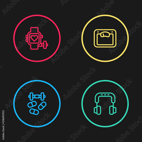 Set line Sports doping with dumbbell, Headphones, Bathroom scales and Smart watch heart icon. Vector