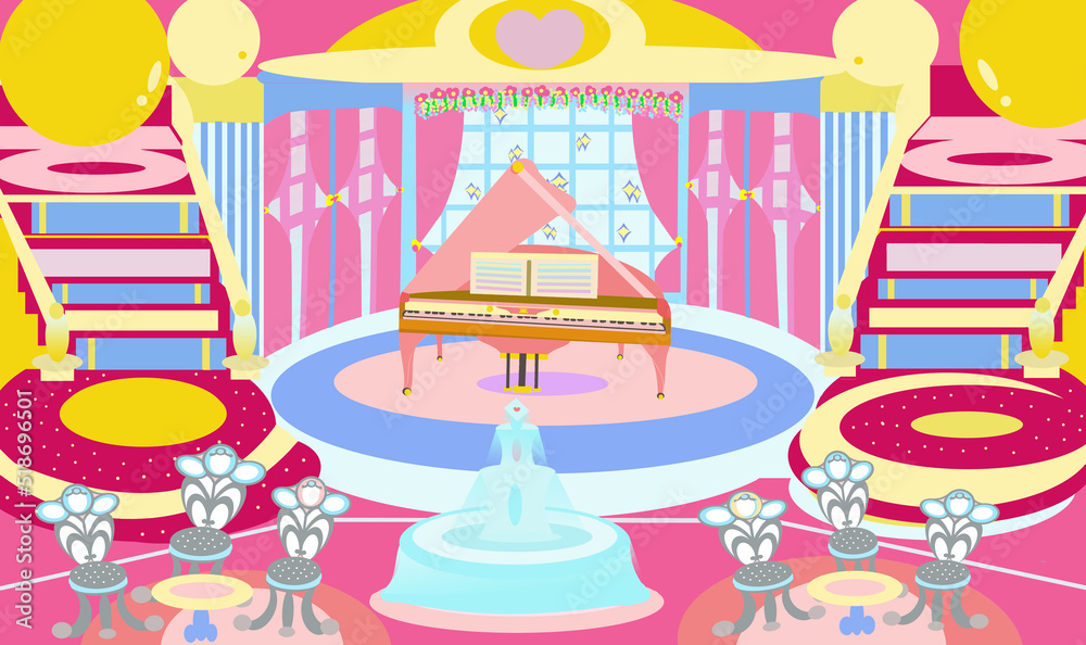 grand piano and lounge with fountain cartoon illustration grand piano and lounge with fountain cartoon illustration