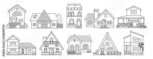 House front flat line doodle set. Various facade village or urban, small and tiny houses. Contour modern or vintage cozy buildings. Residential homestead, cottage or villa facades apartment vector