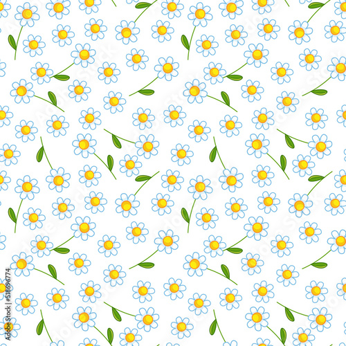 Seamless pattern with cute little daisies on a white background. Vector illustration with baby print for clothes, postcards, textiles. Spring wild flowers with outline.