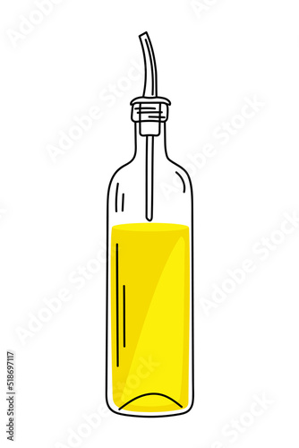 Vector illustration of a hand drawn glass dispenser bottle with olive oil isolated on a white background.