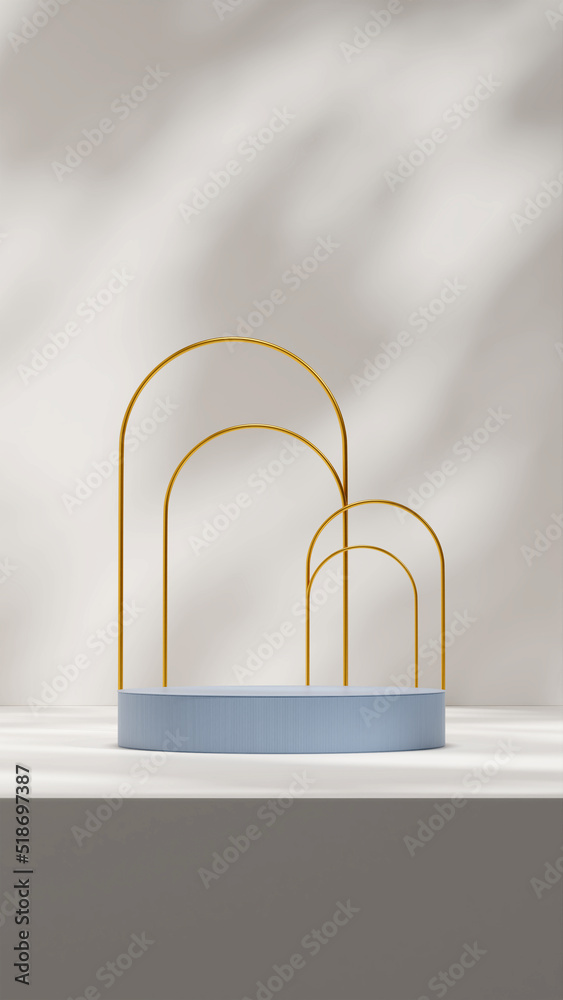 3d mock up rendering digital art of blue podium in portrait with gold arch and shadow on wall 3d mock up rendering digital art of blue podium in portrait with gold arch and shadow on wall