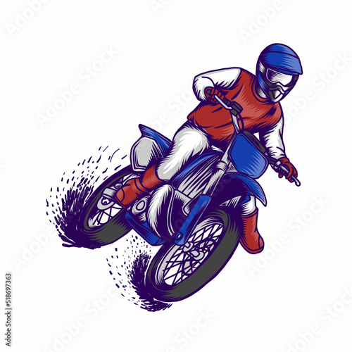 Motocross rider on a motorcycle. Riding Dirt bike on the mud track. Retro design, Hand drawn Vintage Vector Illustration photo