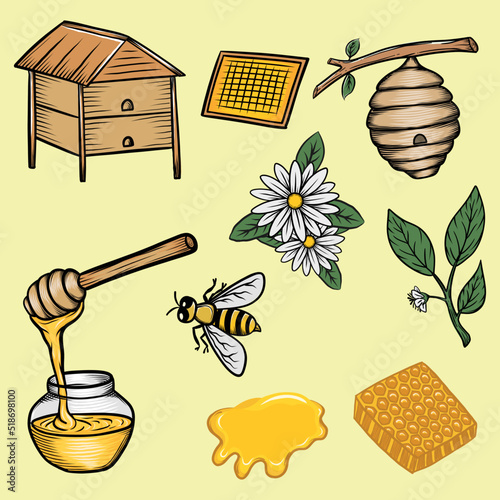 Honey Beekeeping Set Hand Drawn vector illustration. 
