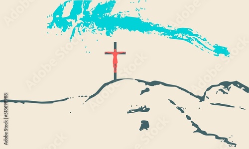 Christian cross on Golgotha mountain. Religion concept illustration. Jesus Christ Crucifixion.