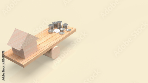 The wood home balance money coins for property or business concept 3d rendering