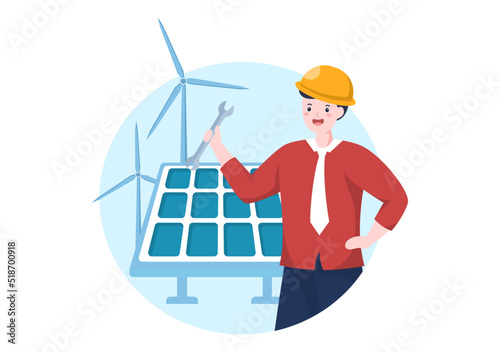 Solar Energy Installation, Panel or Wind Turbine Maintenance with Home Service Team For Electricity Network Operation in Cartoon Illustration