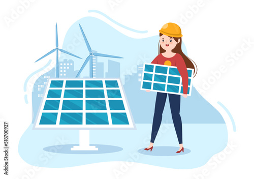 Solar Energy Installation, Panel or Wind Turbine Maintenance with Home Service Team For Electricity Network Operation in Cartoon Illustration