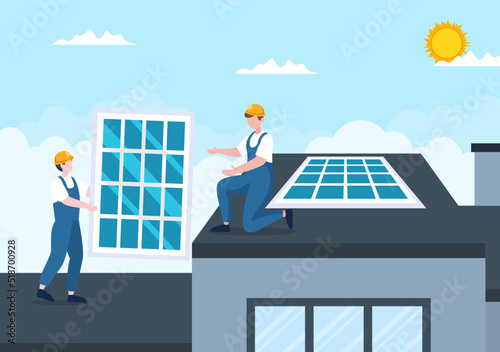 Solar Energy Installation, Panel or Wind Turbine Maintenance with Home Service Team For Electricity Network Operation in Cartoon Illustration