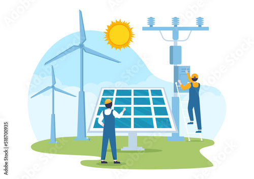 Solar Energy Installation, Panel or Wind Turbine Maintenance with Home Service Team For Electricity Network Operation in Cartoon Illustration