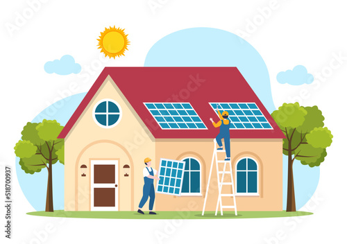 Solar Energy Installation, Panel or Wind Turbine Maintenance with Home Service Team For Electricity Network Operation in Cartoon Illustration