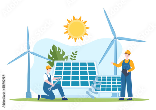 Solar Energy Installation, Panel or Wind Turbine Maintenance with Home Service Team For Electricity Network Operation in Cartoon Illustration