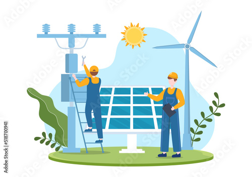 Solar Energy Installation, Panel or Wind Turbine Maintenance with Home Service Team For Electricity Network Operation in Cartoon Illustration