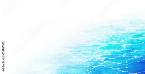 コピースペースのある水面の背景イラスト　水彩背景　海の風景イラスト　水面と波