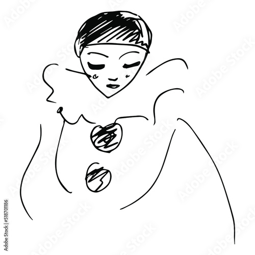 Person in a costume of Pierrot. Sad clown. Hand drawn linear doodle rough sketch. Black silhouette on white background.
