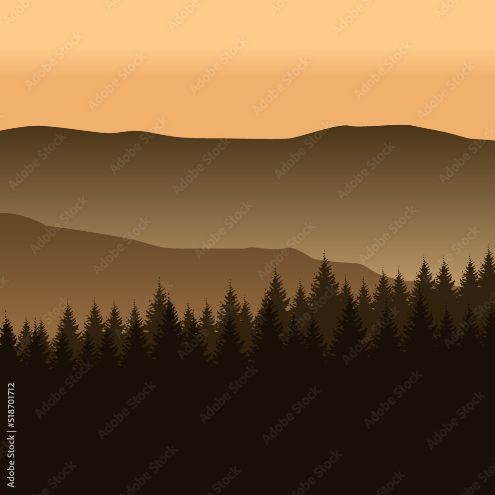landscape illustration with pine trees and mountains in sepia tones