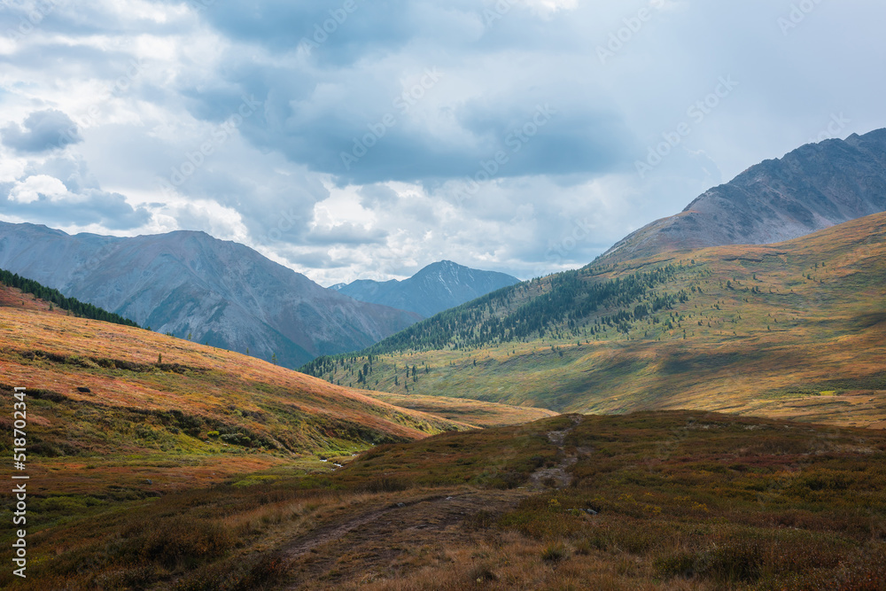 Dramatic motley autumn landscape with valley and mountain silhouette under cloudy sky. Fading autumn colors in mountains in overcast. High hills in sunlight and shadows of clouds in changeable weather Dramatic motley autumn landscape with valley and mountain silhouette under cloudy sky. Fading autumn colors in mountains in overcast. High hills in sunlight and shadows of clouds in changeable weather