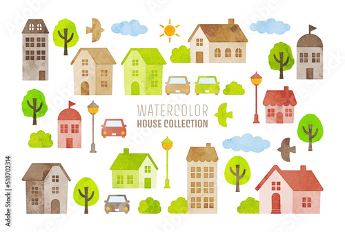 colorful cottages illustration. grunge watercolor textured