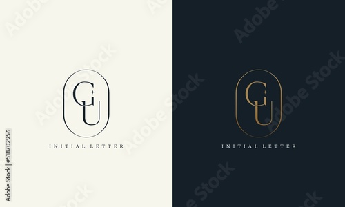 premium GU logo monogram with gold circle frame. luxury initials design minimal modern typeface