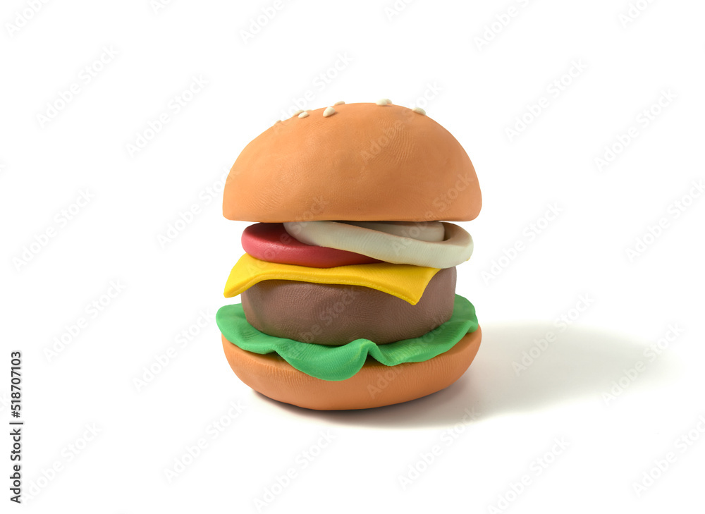 Delicious hamburger made of plasticine, isolated on a white background. Cheeseburger made of colored plasticine. Fast food handmade of clay. 3d artwork Delicious hamburger made of plasticine, isolated on a white background. Cheeseburger made of colored plasticine. Fast food handmade of clay. 3d artwork
