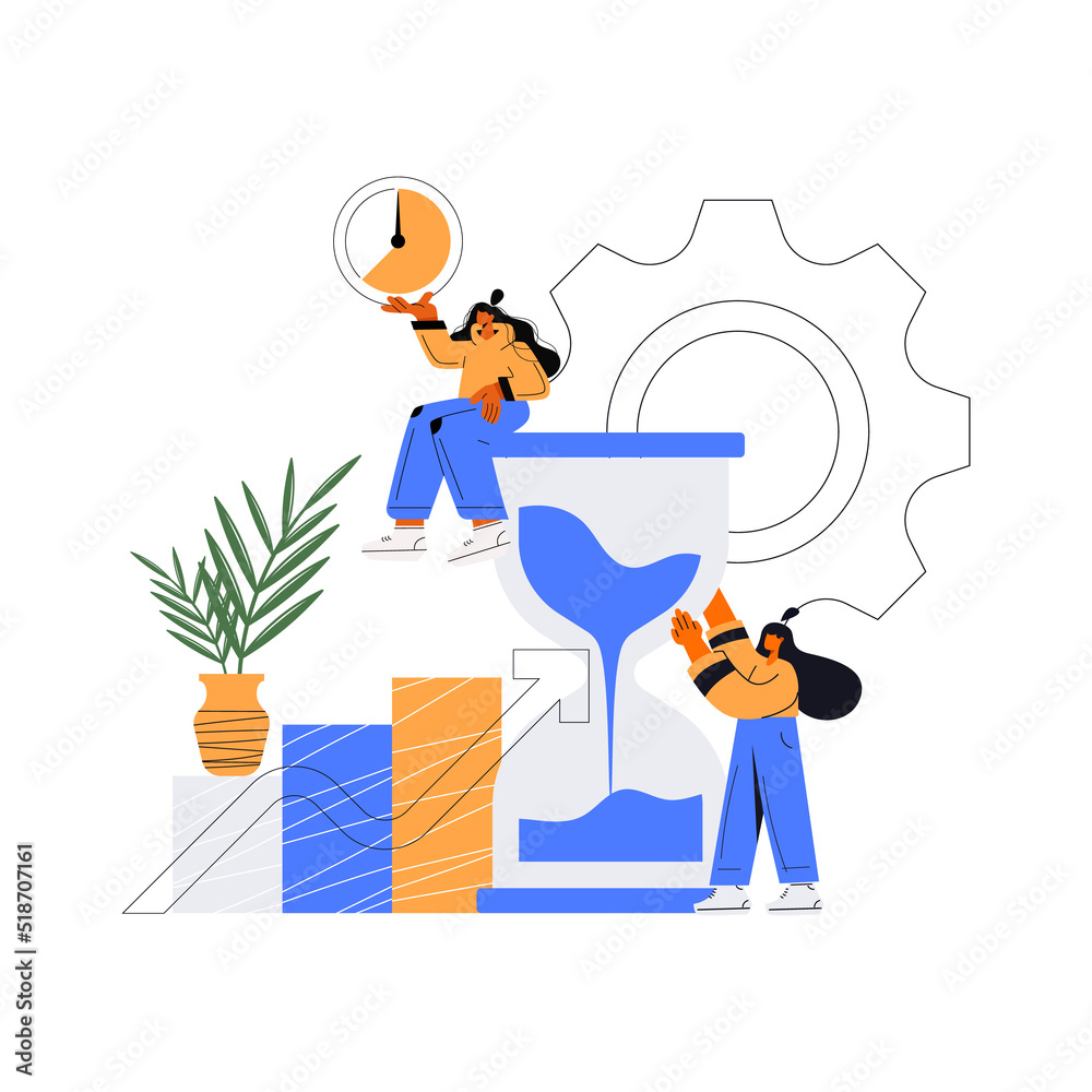Time management. Projects and deadlines. Time management concept planning, organization, working time. Time organization efficiency. Schedule job project team. Vector flat illustration