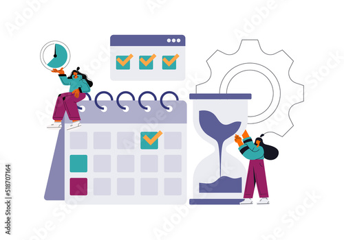 Time management. Projects and deadlines. Time management concept planning, organization, working time. Time organization efficiency. Schedule job project team. Vector flat illustration