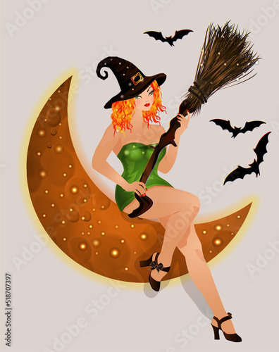 Happy Halloween red hair witch and moon. vector illustration