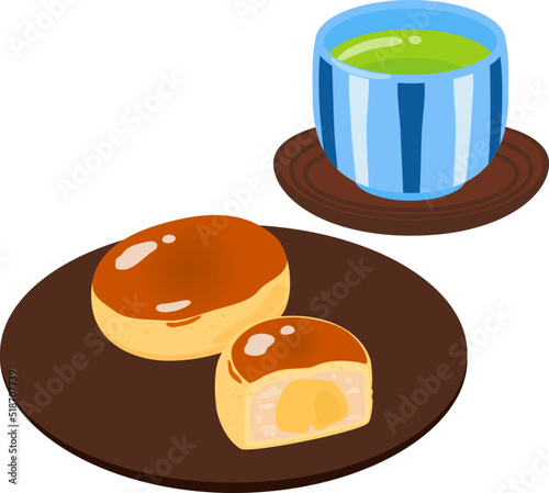 皿に盛った栗饅頭と緑茶